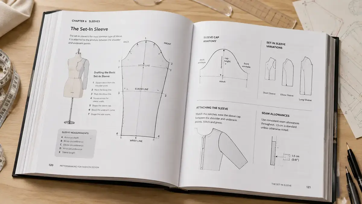 Fashion patternmaking book open to garment construction diagram