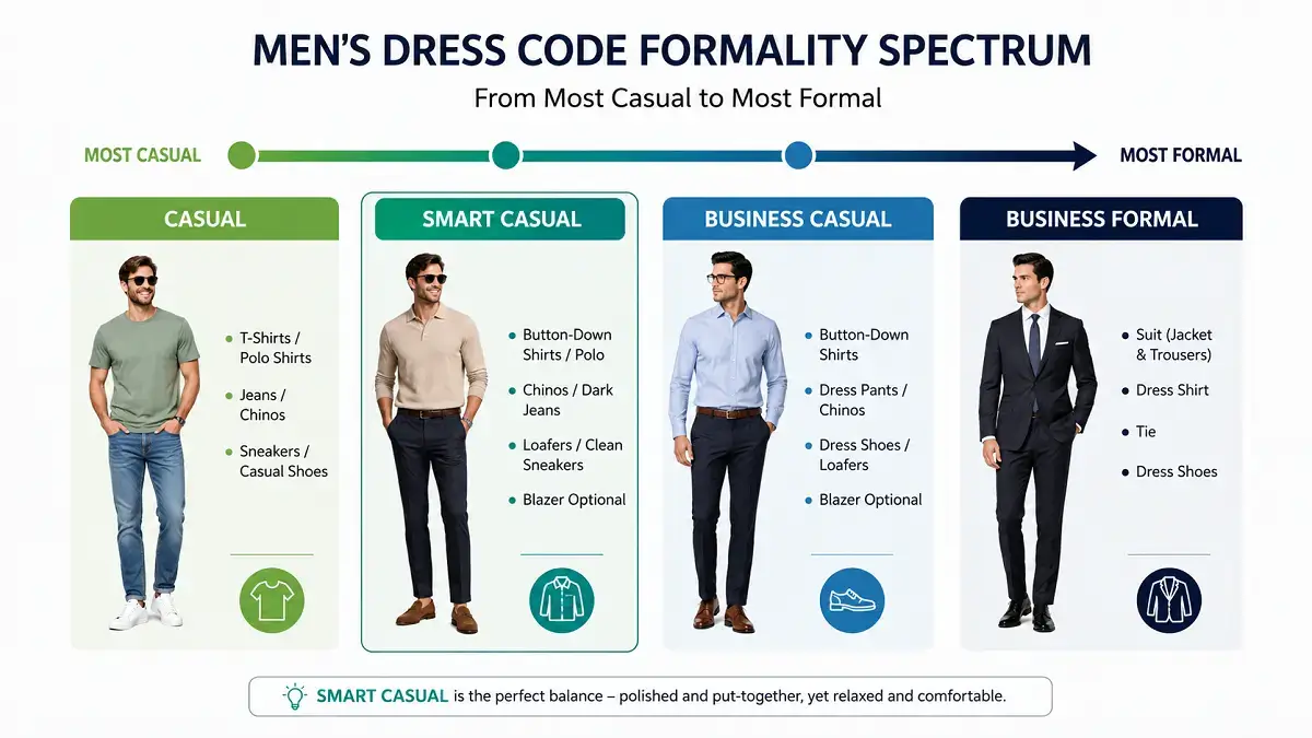 Smart Casual: Complete Outfit Ideas, Dress Code and Styling Guide (2026) 2 Formality spectrum diagram showing smart casual between casual and business casual