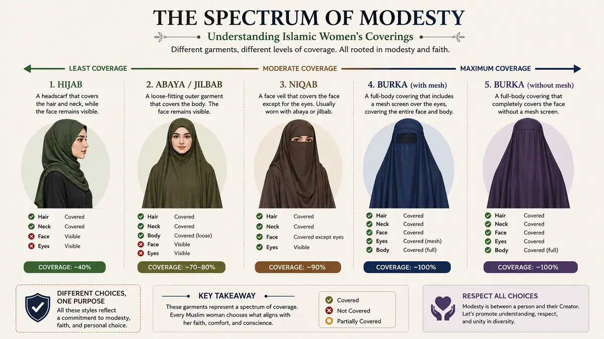 Hijab, abaya, jilbab, niqab and burka coverage comparison chart