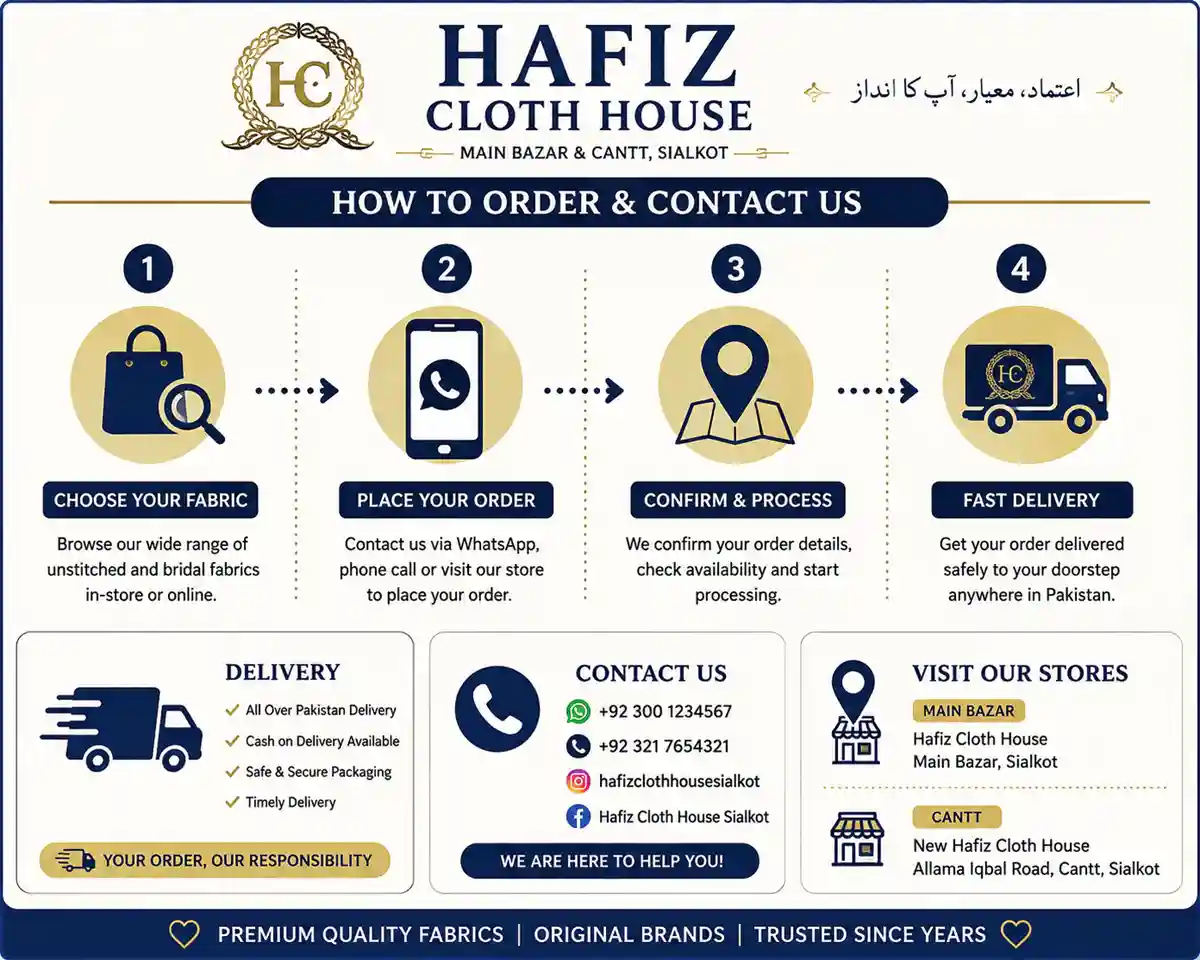 Hafiz Cloth House Sialkot: Locations, Contacts and Online Shopping Guide (2026) 5 How to order and contact Hafiz Cloth House Sialkot