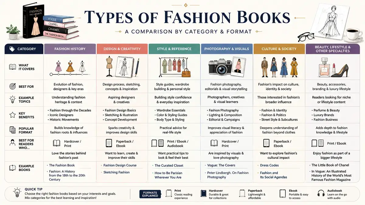 Infographic comparing types of fashion books by category and format