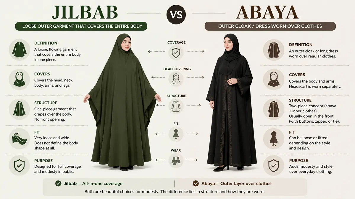 Jilbab vs abaya comparison showing structural differences