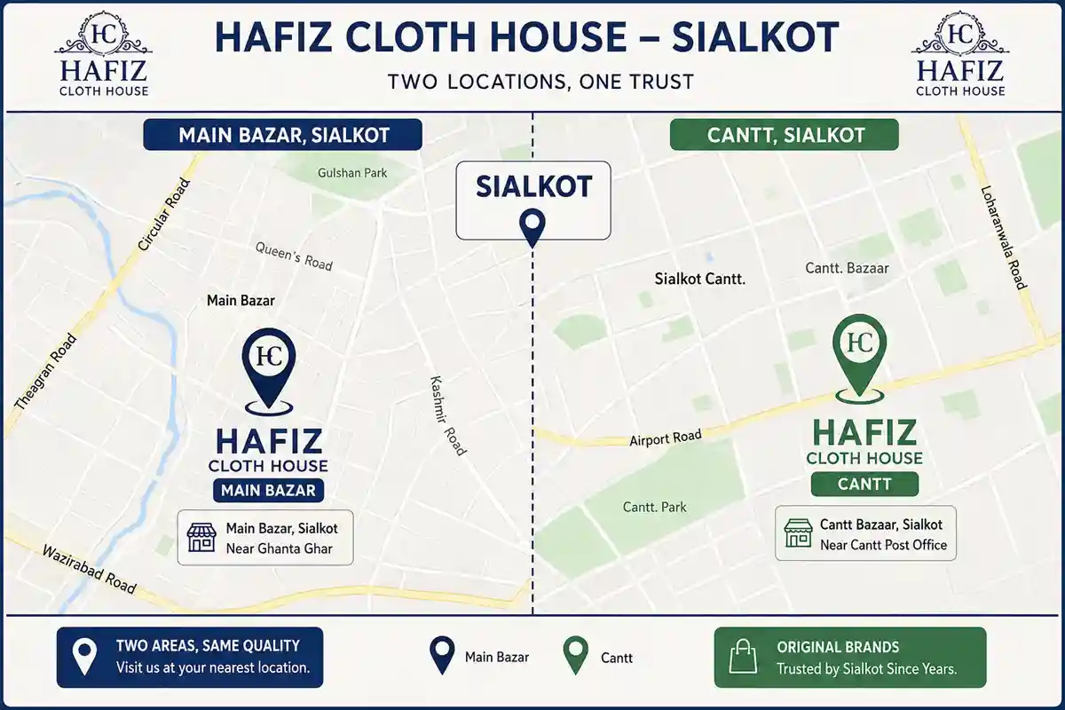 Hafiz Cloth House Sialkot: Locations, Contacts and Online Shopping Guide (2026) 2 Map of Hafiz Cloth House locations in Sialkot Main Bazar and Cantt