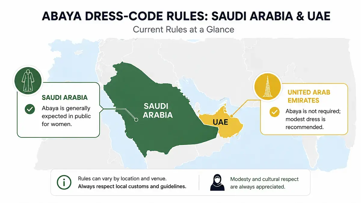 Map showing current abaya dress-code rules in Saudi Arabia and the UAE.