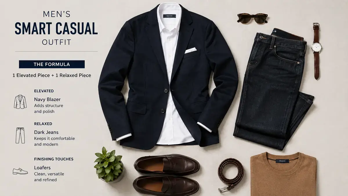 Smart Casual: Complete Outfit Ideas, Dress Code and Styling Guide (2026) 4 Men's smart casual outfit example with navy blazer, dark jeans and loafers