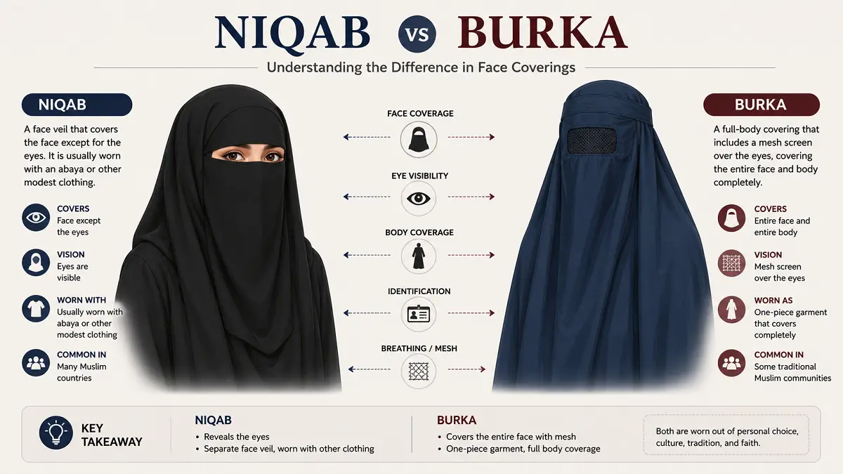 Niqab vs burka comparison showing face and eye coverage