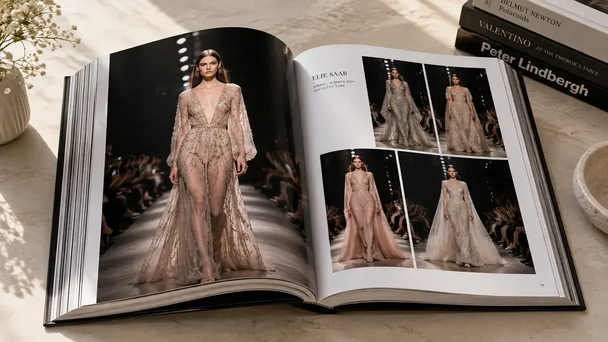 Open fashion coffee-table book showing runway photography spread