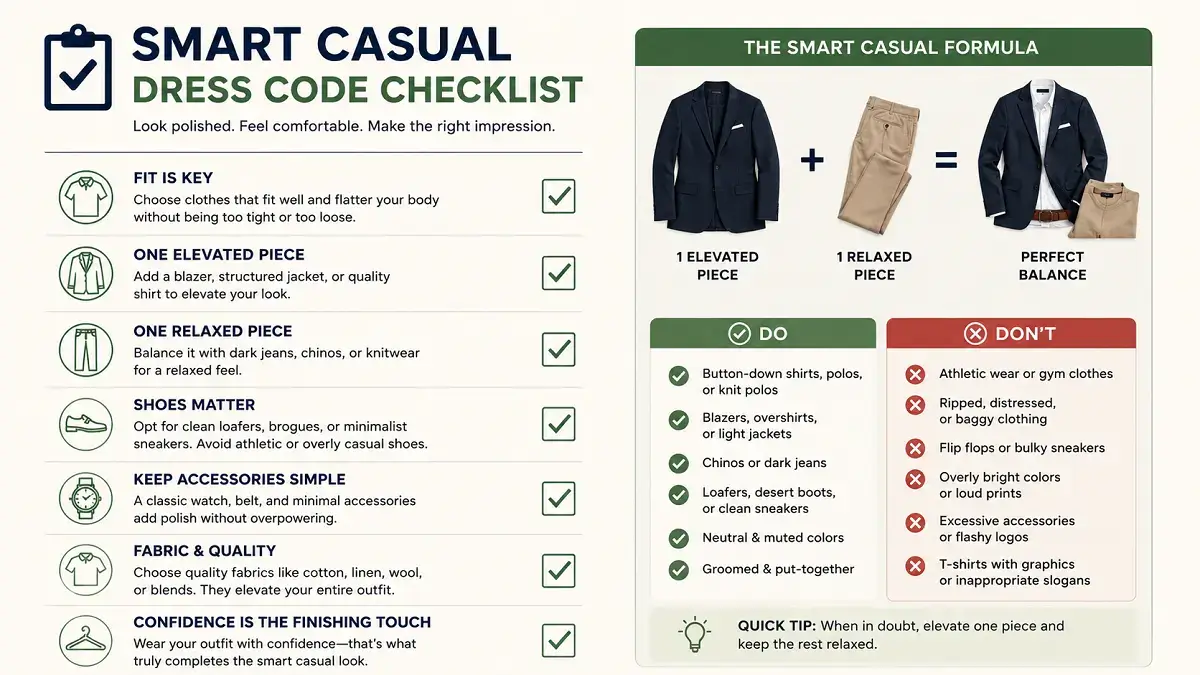 Smart Casual: Complete Outfit Ideas, Dress Code and Styling Guide (2026) 6 Printable smart casual dress code checklist