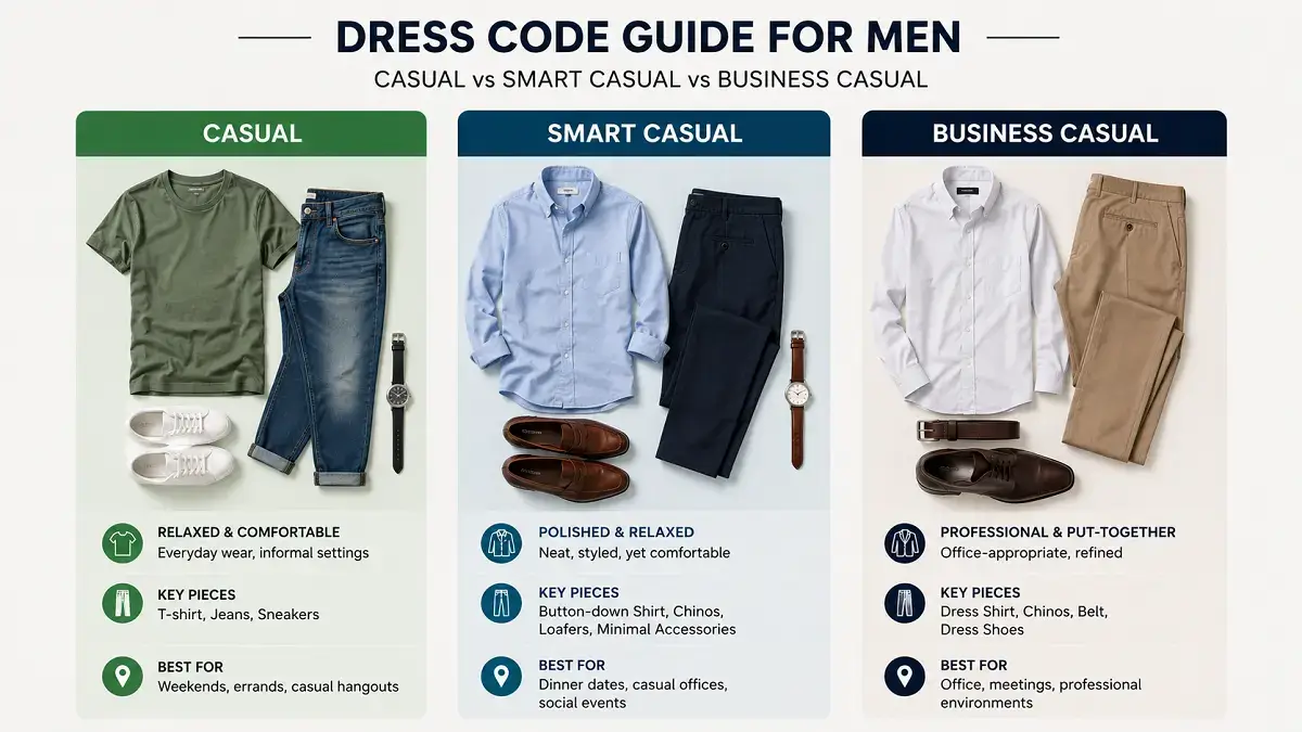 Smart Casual: Complete Outfit Ideas, Dress Code and Styling Guide (2026) 3 Side-by-side comparison of casual, smart casual and business casual outfits