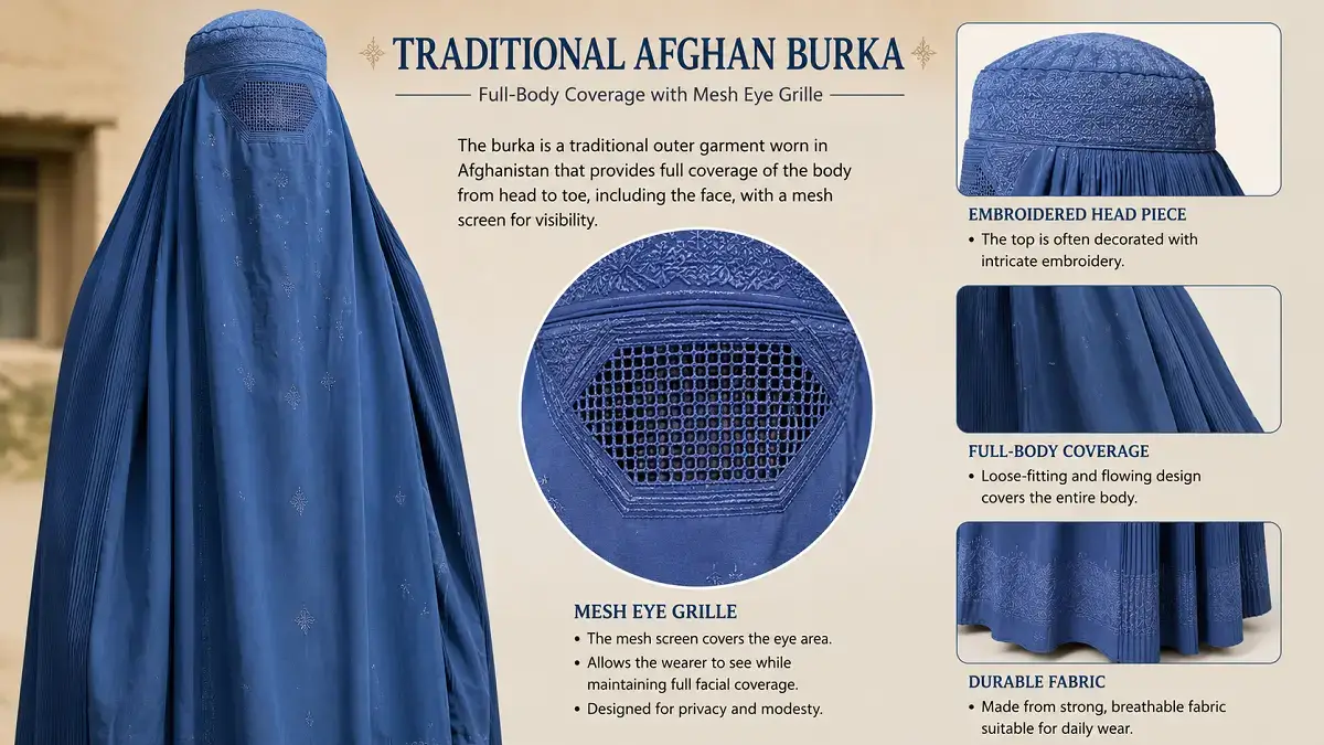 Traditional blue Afghan burka showing mesh eye grille detail