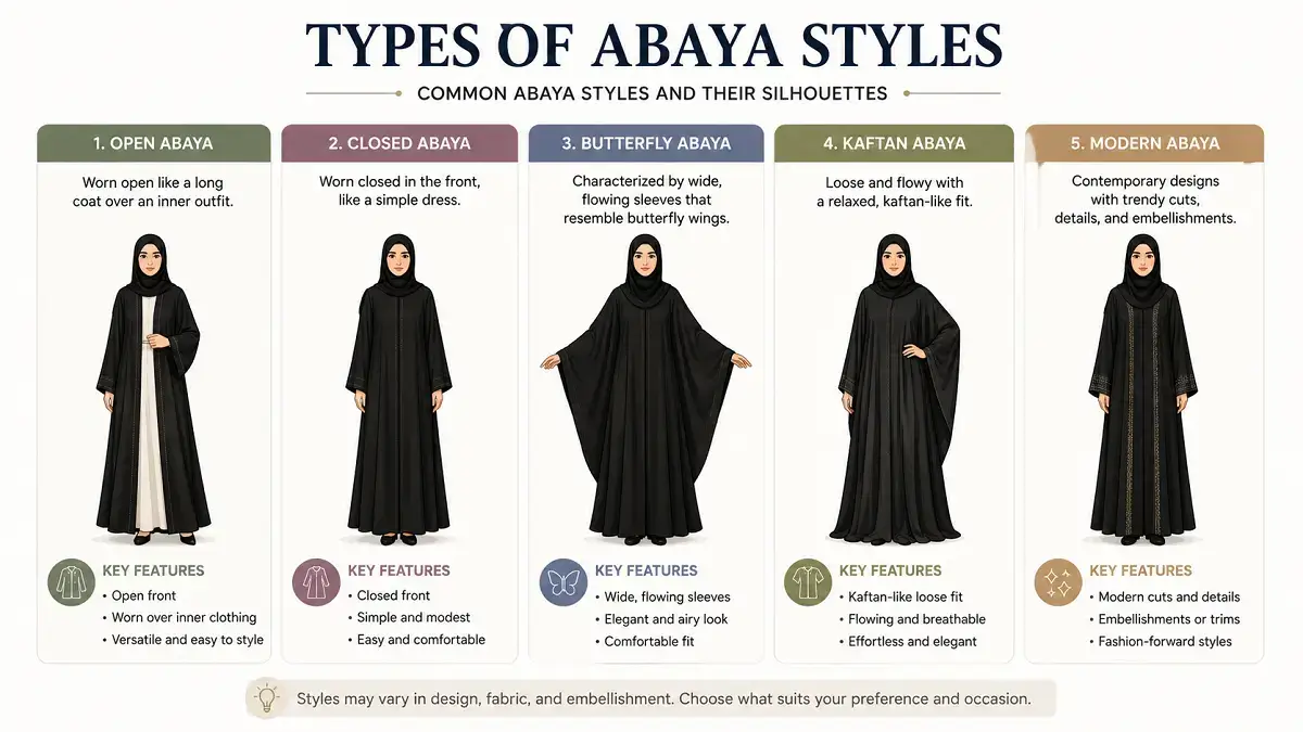 Abaya vs Burqa | A Complete Guide to the Differences Between These Garments 4 Types of abaya styles diagram