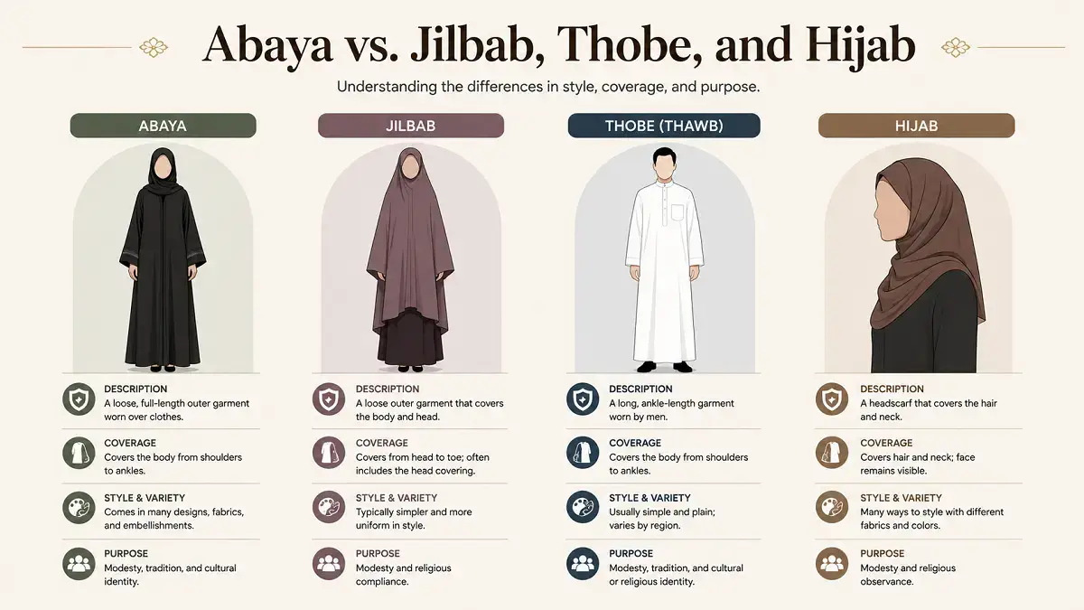 Visual comparison of abaya, jilbab, thobe and hijab garments