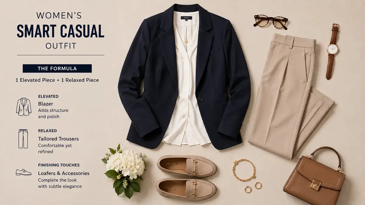 Smart Casual: Complete Outfit Ideas, Dress Code and Styling Guide (2026) 5 Women's smart casual outfit with blazer, blouse and tailored trousers