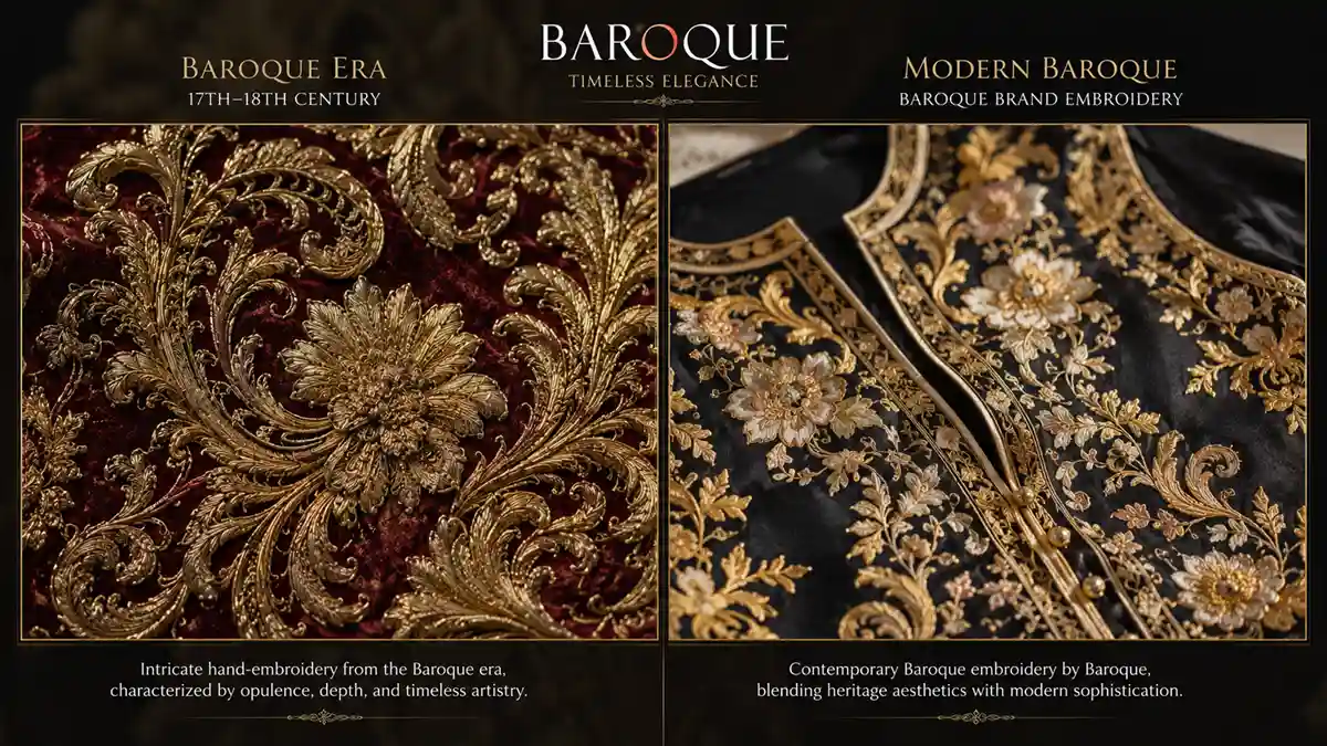 Baroque-era embroidery detail compared to modern Baroque clothing embroidery