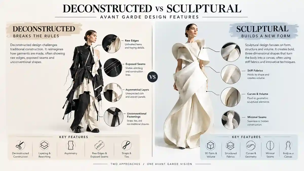 Diagram comparing deconstructed and sculptural avant garde clothing features