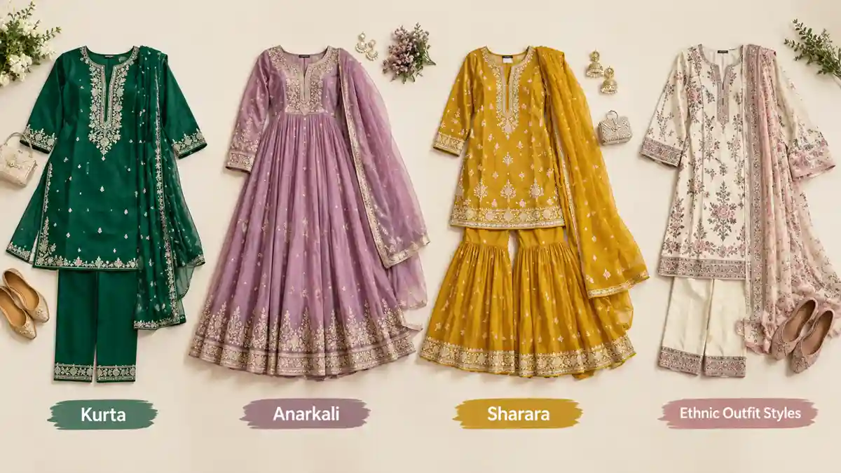 Different styles of Pakistani ethnic clothing including kurta and anarkali
