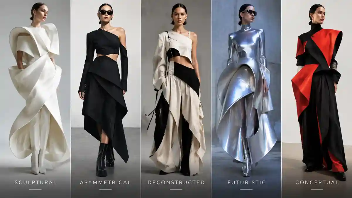 Five avant garde fashion silhouettes showing sculptural, asymmetrical and deconstructed designs