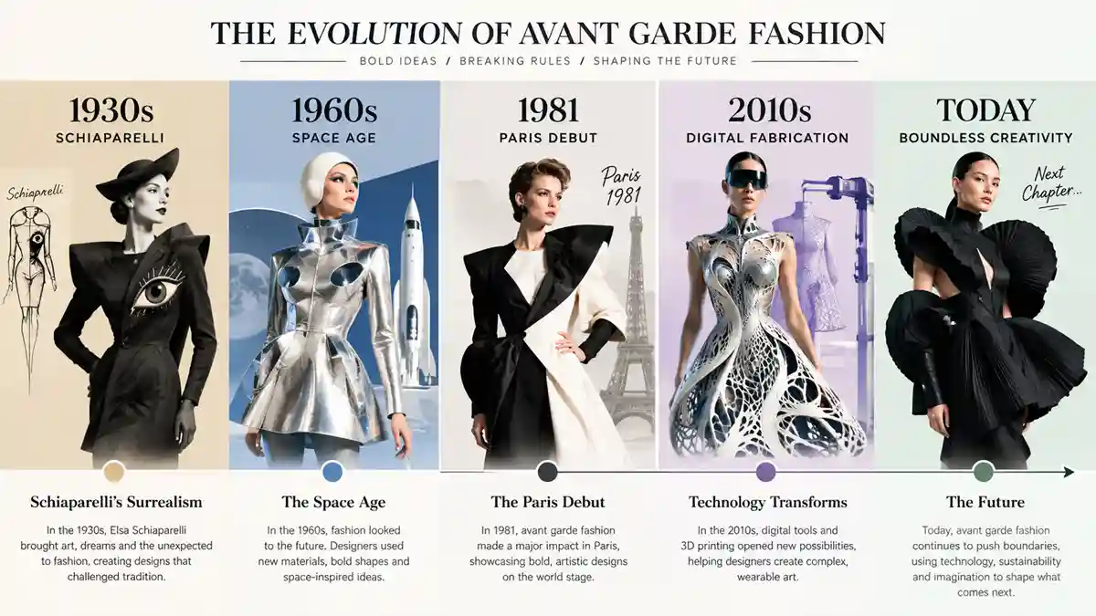 Timeline of avant garde fashion history from the 1930s to today