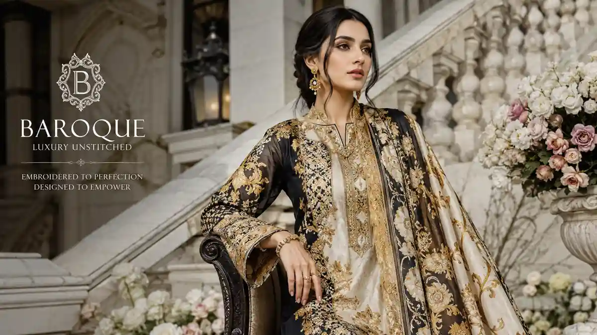 Woman wearing embroidered Baroque clothing outfit, Pakistani fashion brand