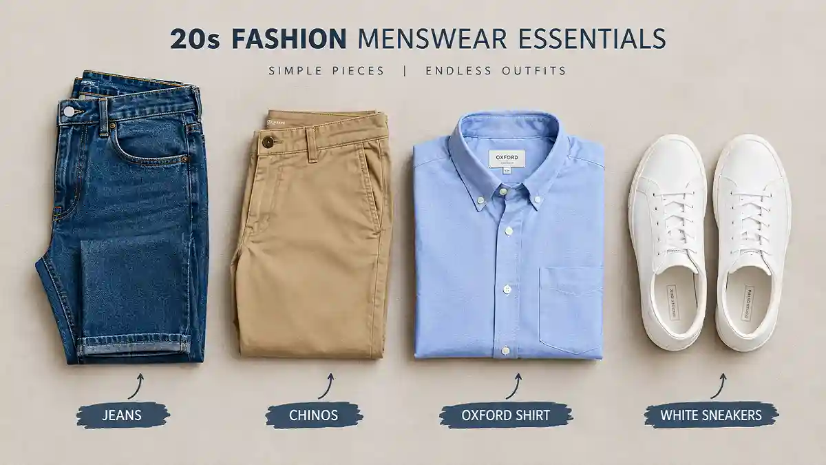 20s fashion menswear essentials: jeans, chinos, Oxford shirt and white sneakers