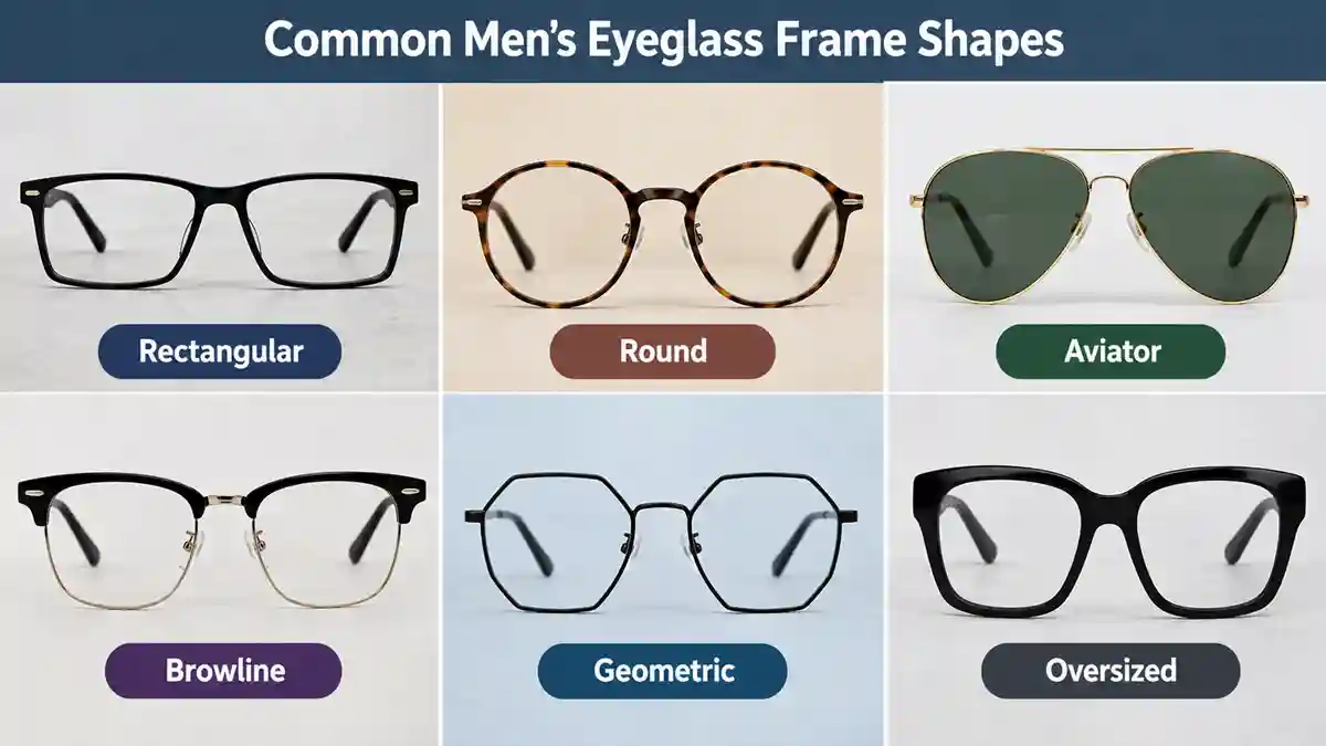 Common men’s eyeglass frame shapes: rectangular, round, aviator, browline, geometric and oversized