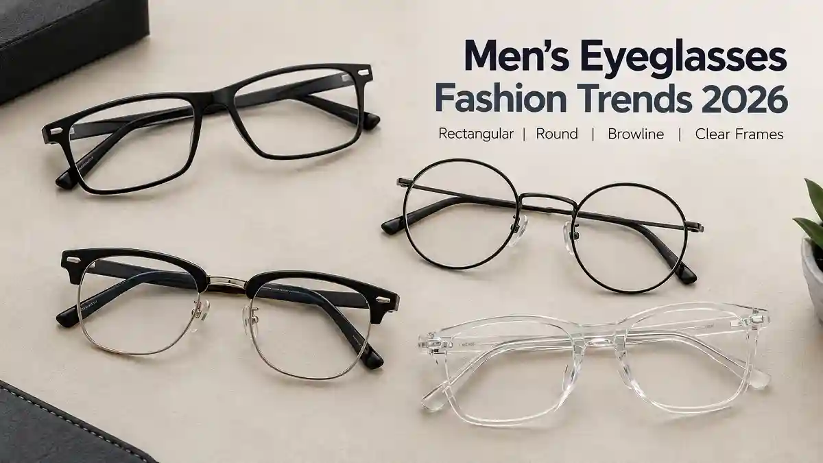 Men’s eyeglasses fashion trends 2026: rectangular, round, browline and clear frames