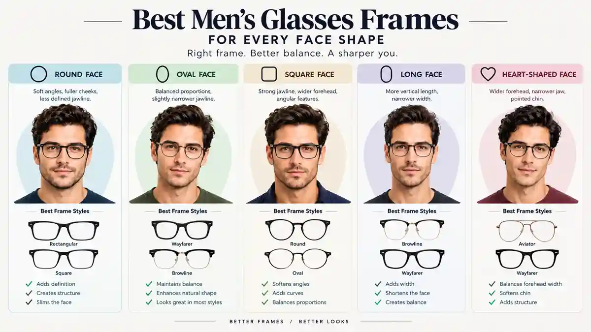 Best men’s glasses frames for round, oval, square, long and heart-shaped faces