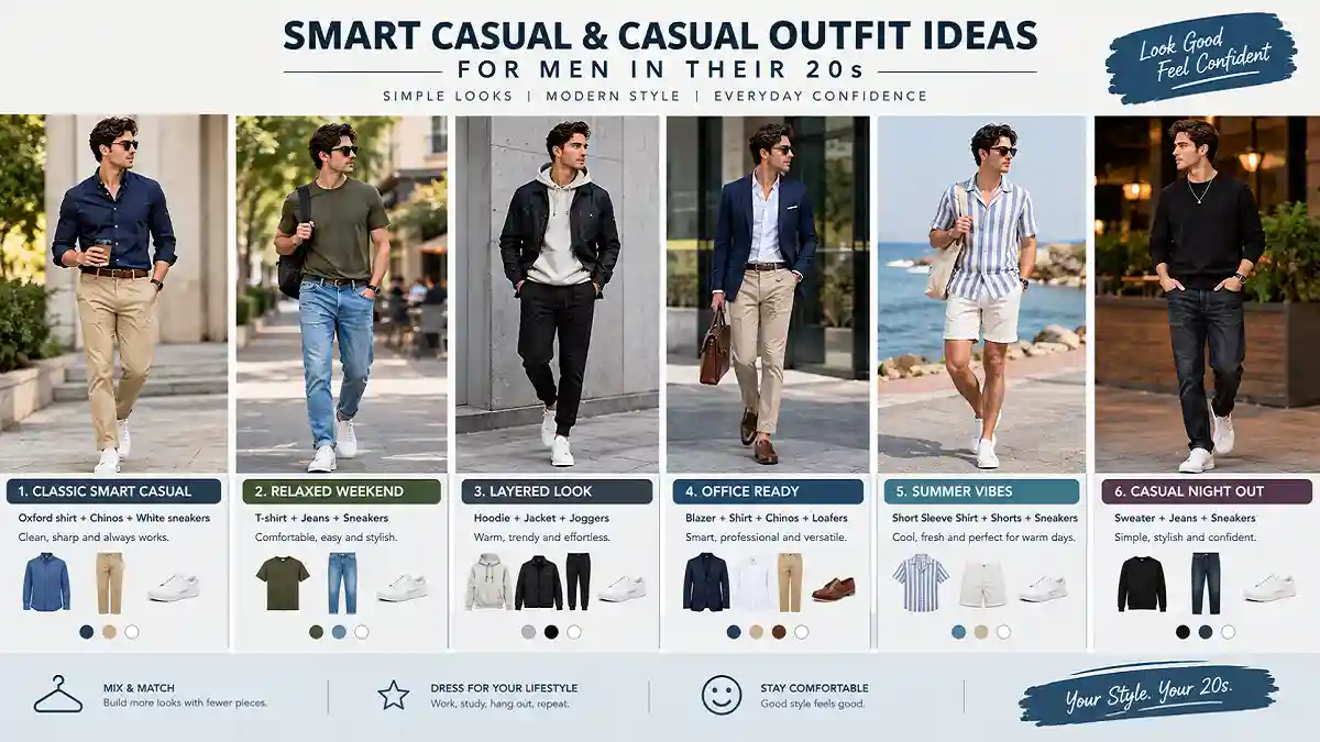 Smart casual and casual outfit ideas for men in their 20s